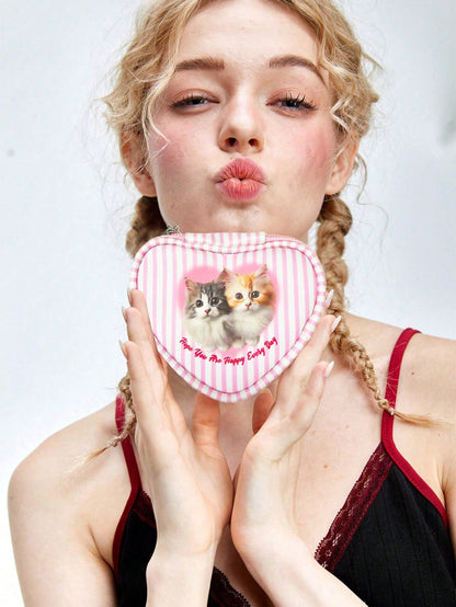 ROMWE Kawaii Monedero y bolsa de almacenamiento con forma de gato de rayas de dibujos animados lindos color rosa 348640