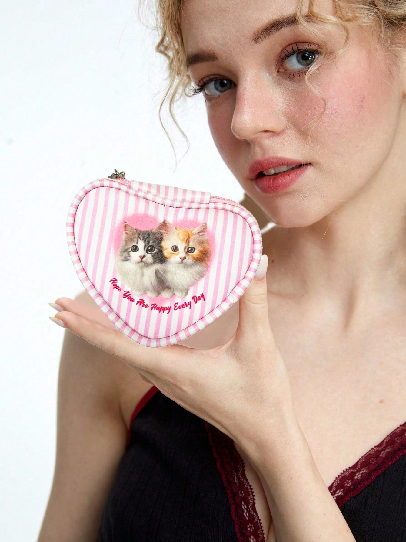 ROMWE Kawaii Monedero y bolsa de almacenamiento con forma de gato de rayas de dibujos animados lindos color rosa 348640