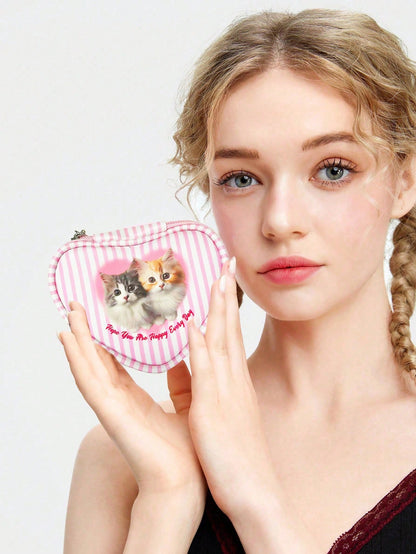 ROMWE Kawaii Monedero y bolsa de almacenamiento con forma de gato de rayas de dibujos animados lindos color rosa 348640