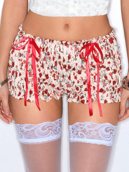 ROMWE Kawaii Pantalones cortos con estampado floral, lindos y dulces para mujer