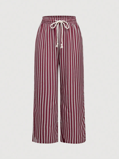 ROMWE Kawaii Pantalones rectos con bolsillo con forma de corazón, cintura con cordón y rayas rojas, de lino y estilo suelto para mujeres, para el Día de San Valentín