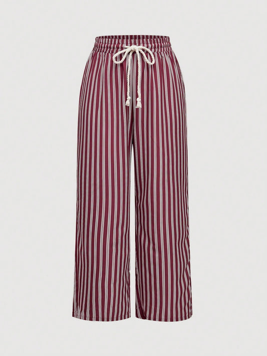 ROMWE Kawaii Pantalones rectos con bolsillo con forma de corazón, cintura con cordón y rayas rojas, de lino y estilo suelto para mujeres, para el Día de San Valentín