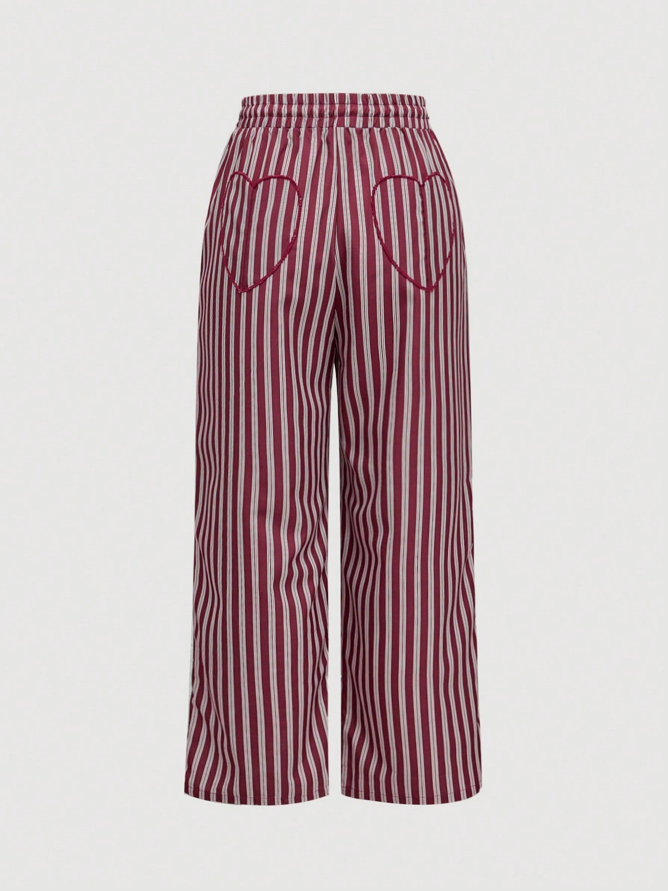 ROMWE Kawaii Pantalones rectos con bolsillo con forma de corazón, cintura con cordón y rayas rojas, de lino y estilo suelto para mujeres, para el Día de San Valentín