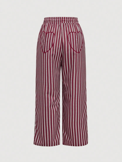ROMWE Kawaii Pantalones rectos con bolsillo con forma de corazón, cintura con cordón y rayas rojas, de lino y estilo suelto para mujeres, para el Día de San Valentín