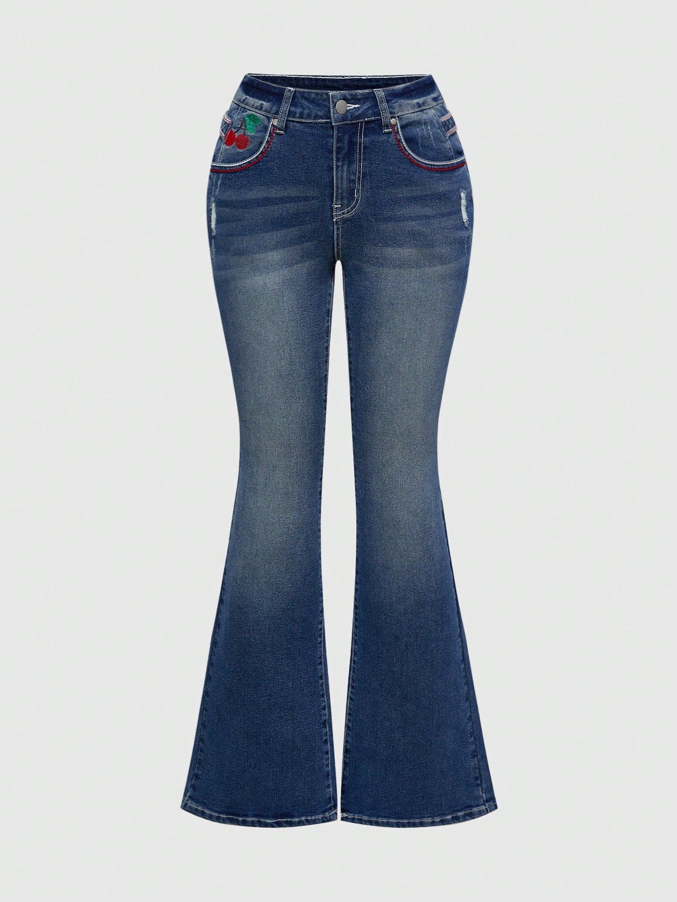 ROMWE Kawaii Pantalones vaqueros acampanados con bordado retro de cerezas americanas para mujer estilo Kawaii