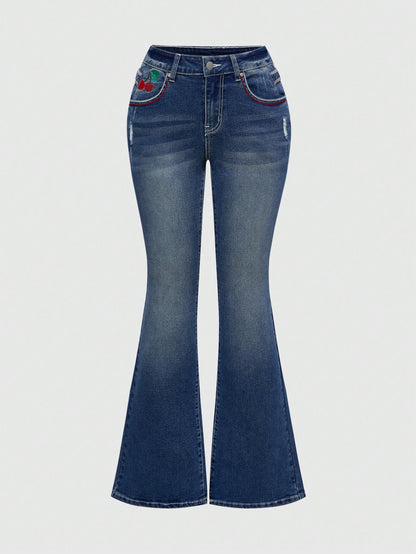 ROMWE Kawaii Pantalones vaqueros acampanados con bordado retro de cerezas americanas para mujer estilo Kawaii