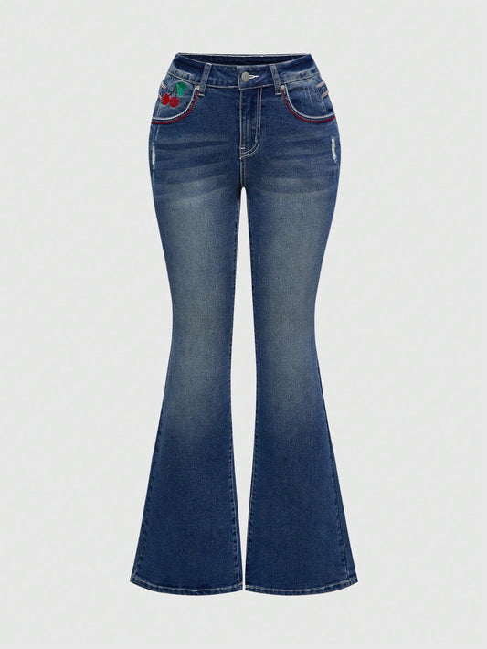 ROMWE Kawaii Pantalones vaqueros acampanados con bordado retro de cerezas americanas para mujer estilo Kawaii