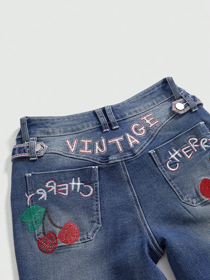 ROMWE Kawaii Pantalones vaqueros acampanados con bordado retro de cerezas americanas para mujer estilo Kawaii