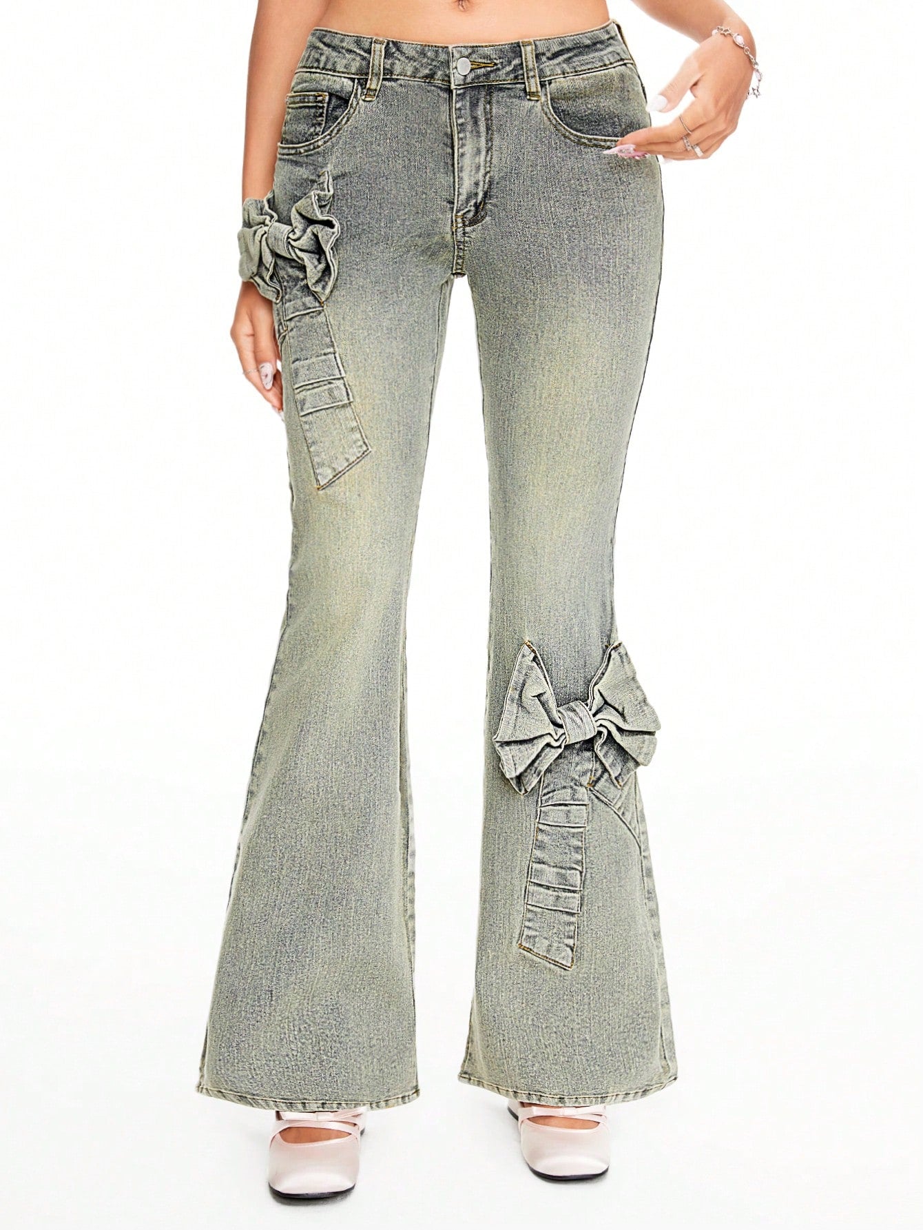 ROMWE Kawaii Pantalones vaqueros con lazo dulce de cintura baja, estilo Y2K, para la escuela