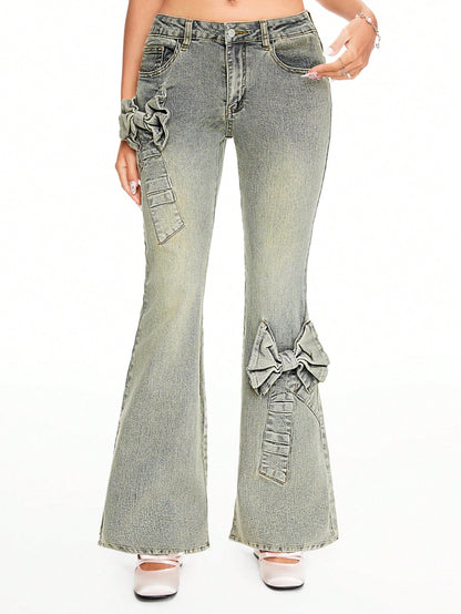 ROMWE Kawaii Pantalones vaqueros con lazo dulce de cintura baja, estilo Y2K, para la escuela