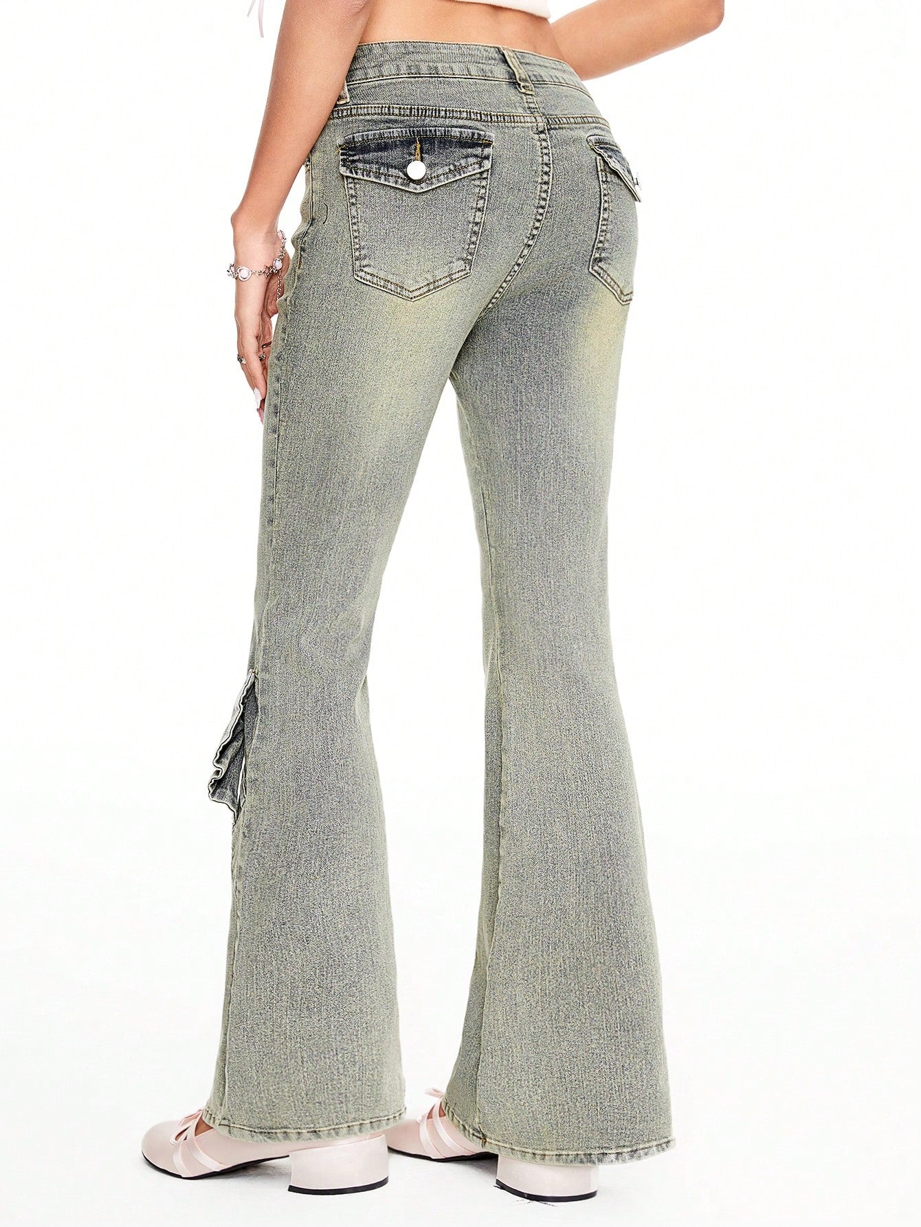 ROMWE Kawaii Pantalones vaqueros con lazo dulce de cintura baja, estilo Y2K, para la escuela