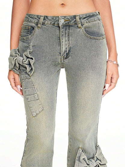 ROMWE Kawaii Pantalones vaqueros con lazo dulce de cintura baja, estilo Y2K, para la escuela