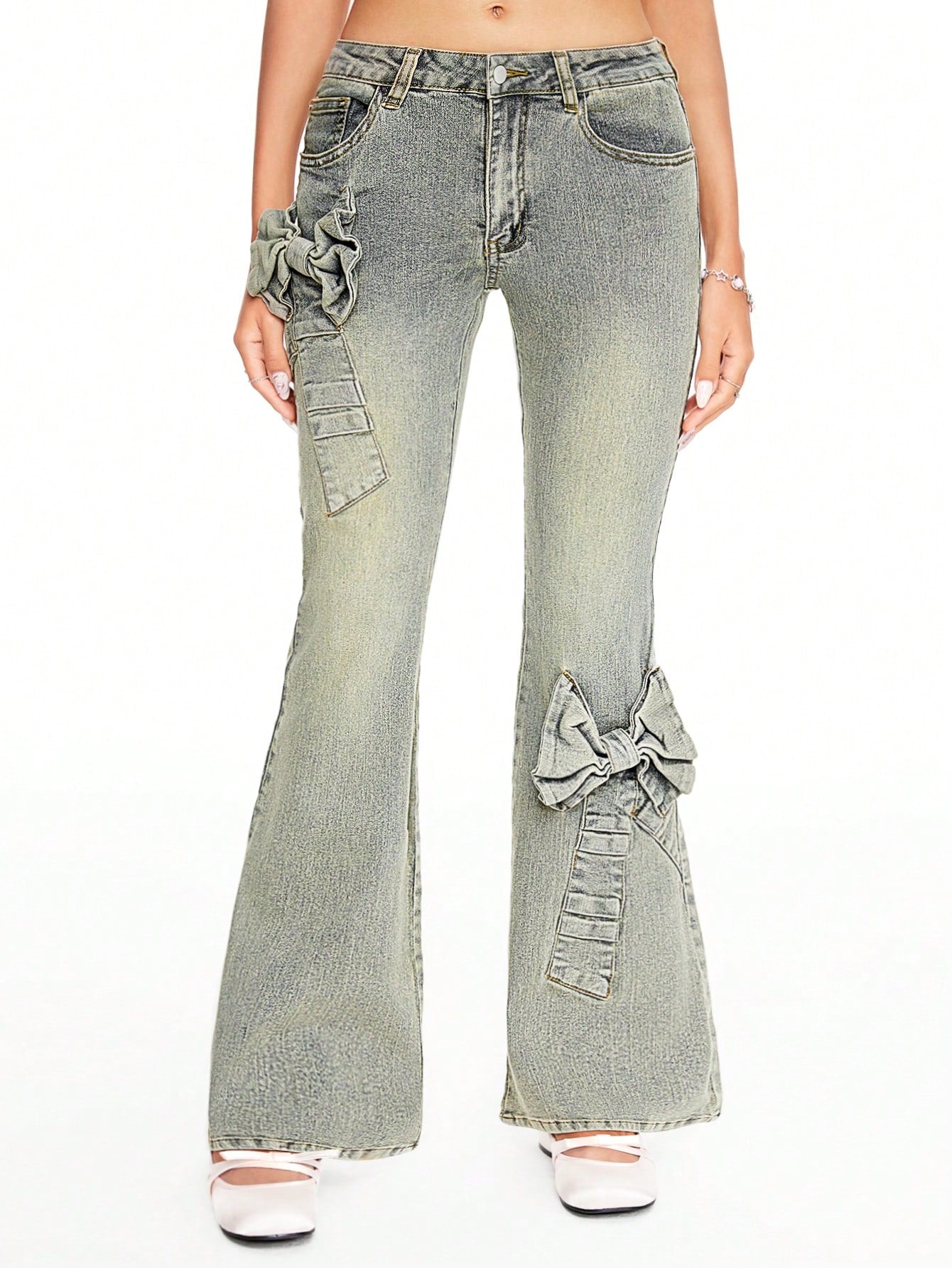 ROMWE Kawaii Pantalones vaqueros con lazo dulce de cintura baja, estilo Y2K, para la escuela
