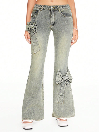 ROMWE Kawaii Pantalones vaqueros con lazo dulce de cintura baja, estilo Y2K, para la escuela