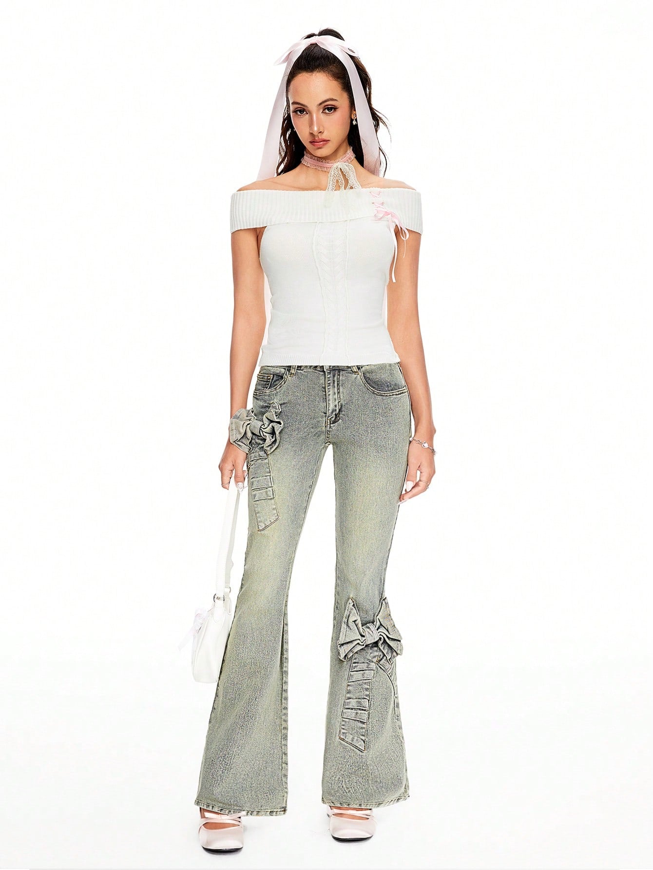 ROMWE Kawaii Pantalones vaqueros con lazo dulce de cintura baja, estilo Y2K, para la escuela