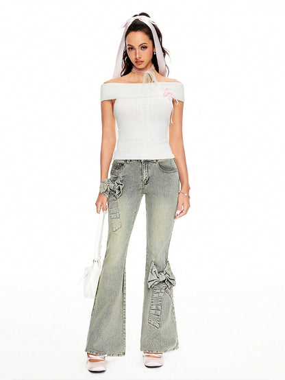 ROMWE Kawaii Pantalones vaqueros con lazo dulce de cintura baja, estilo Y2K, para la escuela
