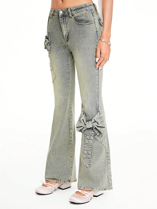 ROMWE Kawaii Pantalones vaqueros con lazo dulce de cintura baja, estilo Y2K, para la escuela
