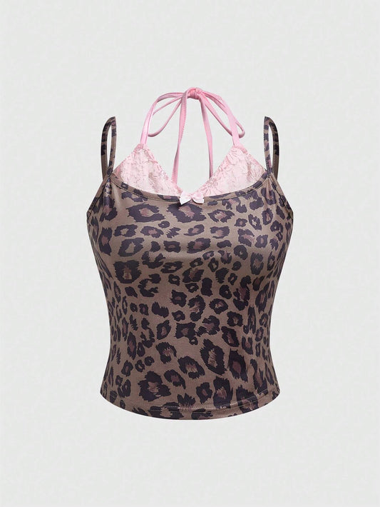 ROMWE Kawaii Parte superior de cami con encaje y lazo a lunares 2 en 1 para mujer, escuela