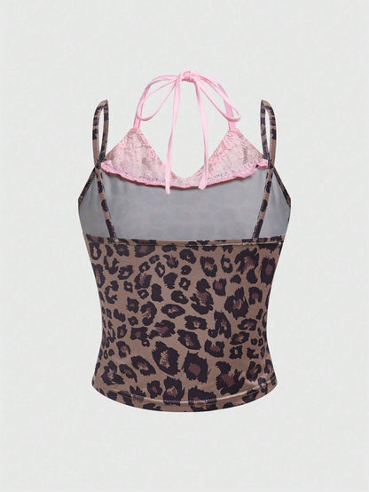 ROMWE Kawaii Parte superior de cami con encaje y lazo a lunares 2 en 1 para mujer, escuela