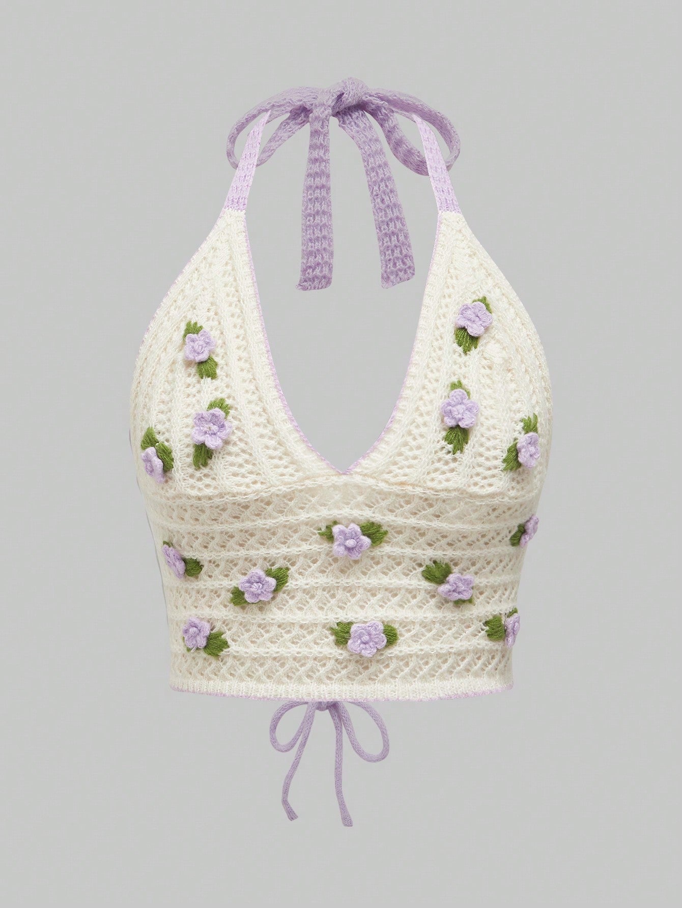 ROMWE Kawaii Parte superior de mujer tejida a ganchillo con escote halter, bordado de flor 3D, calada, para la escuela