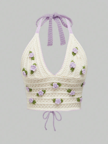 ROMWE Kawaii Parte superior de mujer tejida a ganchillo con escote halter, bordado de flor 3D, calada, para la escuela
