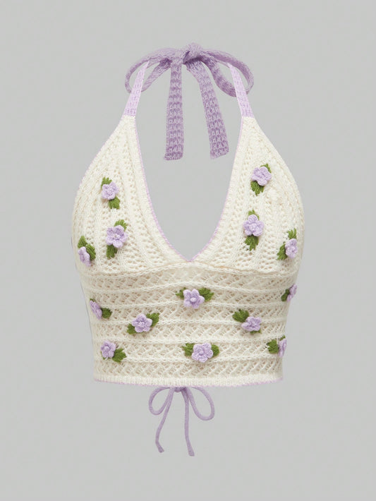 ROMWE Kawaii Parte superior de mujer tejida a ganchillo con escote halter, bordado de flor 3D, calada, para la escuela
