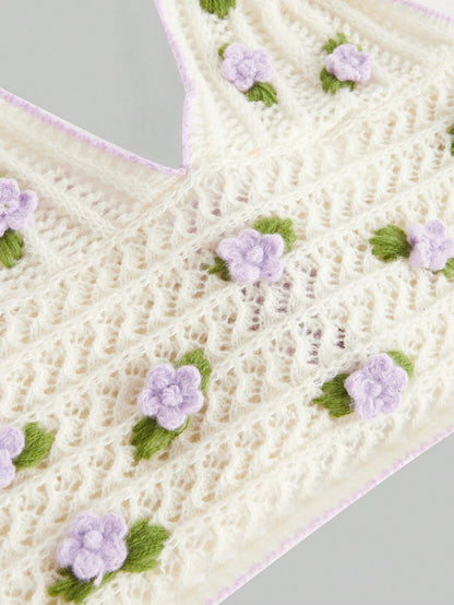 ROMWE Kawaii Parte superior de mujer tejida a ganchillo con escote halter, bordado de flor 3D, calada, para la escuela