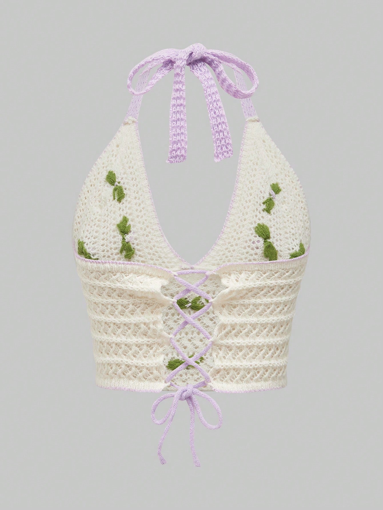 ROMWE Kawaii Parte superior de mujer tejida a ganchillo con escote halter, bordado de flor 3D, calada, para la escuela