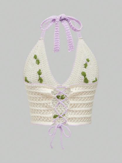 ROMWE Kawaii Parte superior de mujer tejida a ganchillo con escote halter, bordado de flor 3D, calada, para la escuela