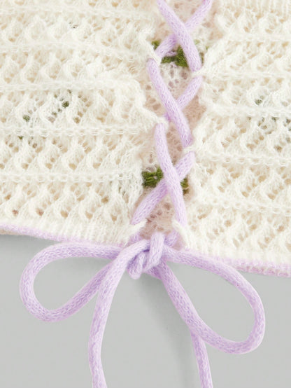 ROMWE Kawaii Parte superior de mujer tejida a ganchillo con escote halter, bordado de flor 3D, calada, para la escuela
