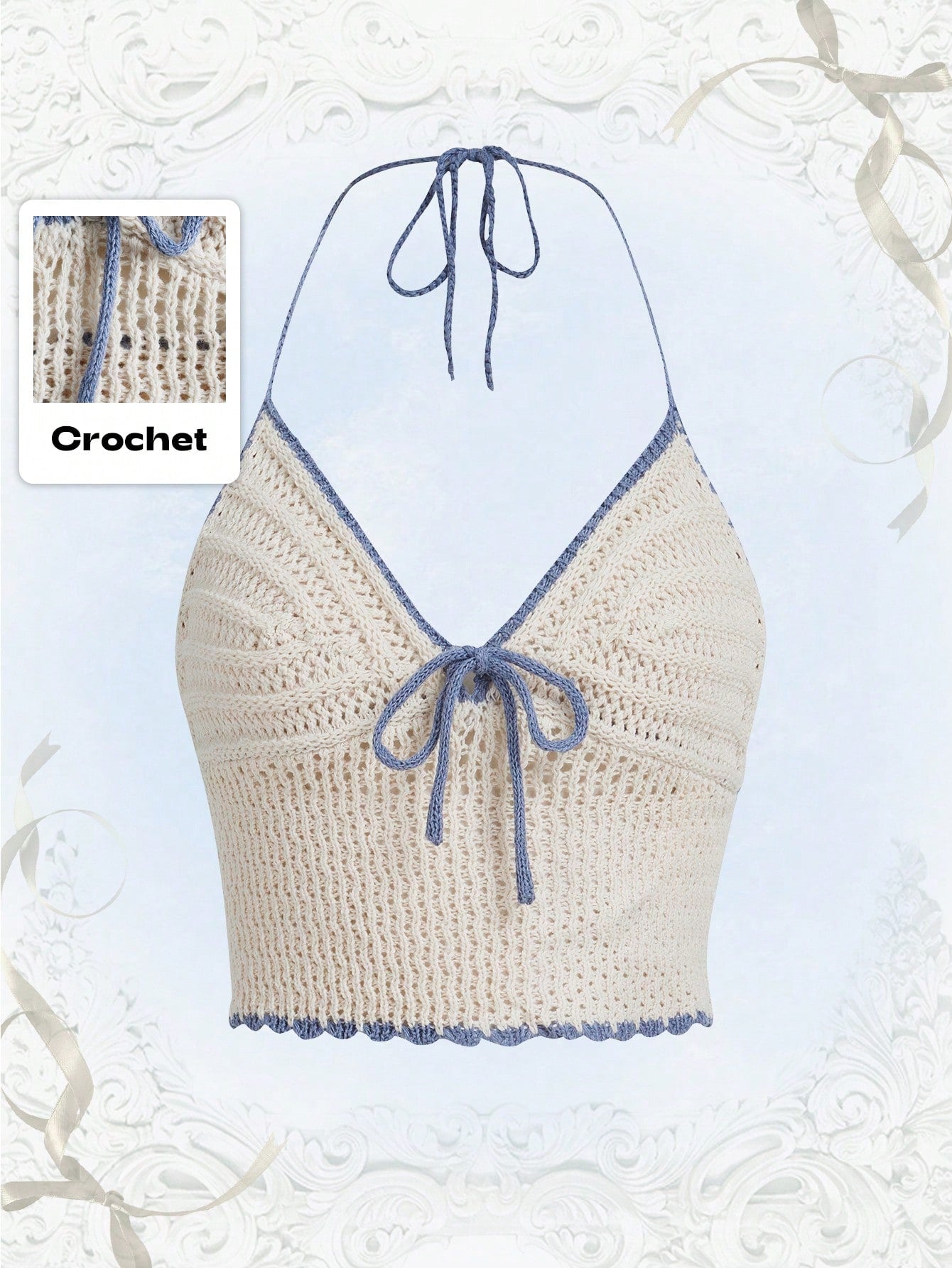 ROMWE Kawaii Parte superior de punto con atadura delantera de encaje a contraste, para vacaciones en la playa, escuela