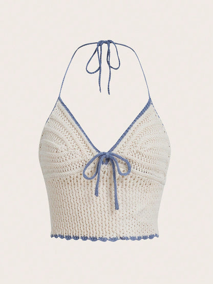 ROMWE Kawaii Parte superior de punto con atadura delantera de encaje a contraste, para vacaciones en la playa, escuela