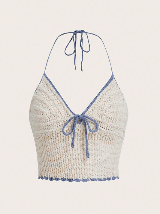 ROMWE Kawaii Parte superior de punto con atadura delantera de encaje a contraste, para vacaciones en la playa, escuela