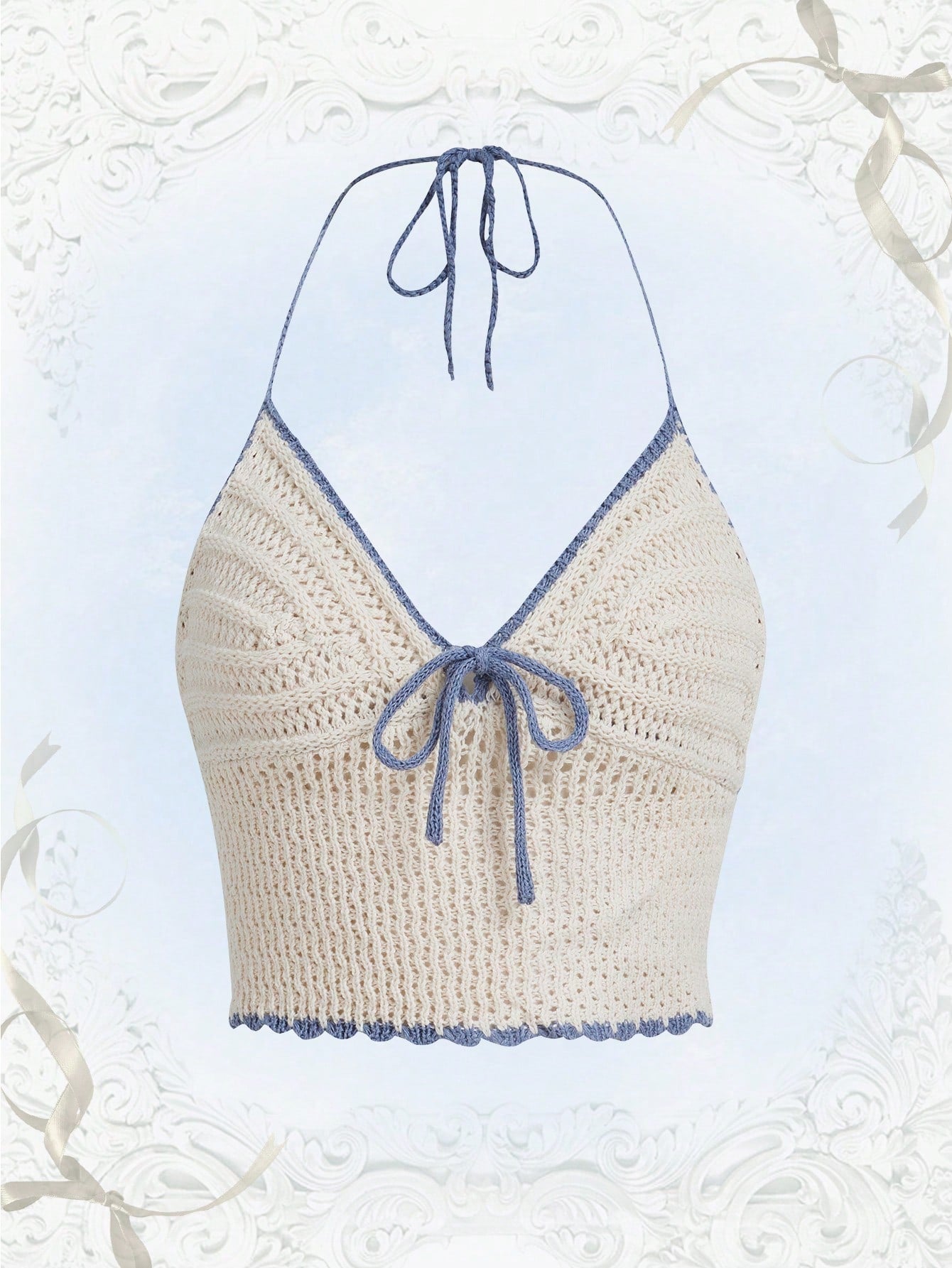 ROMWE Kawaii Parte superior de punto con atadura delantera de encaje a contraste, para vacaciones en la playa, escuela