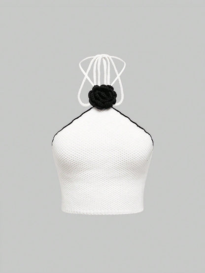 ROMWE Kawaii Parte superior de punto sin mangas con cuello halter y decoración floral para mujer