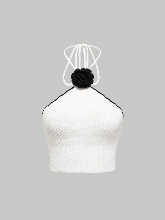 ROMWE Kawaii Parte superior de punto sin mangas con cuello halter y decoración floral para mujer