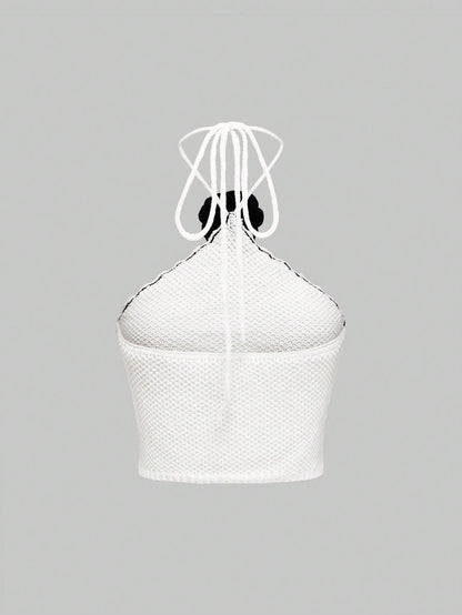 ROMWE Kawaii Parte superior de punto sin mangas con cuello halter y decoración floral para mujer
