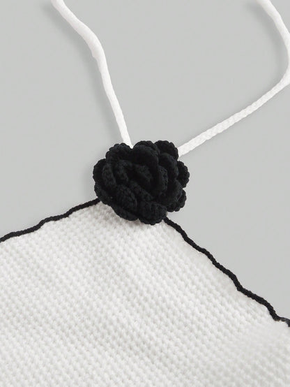 ROMWE Kawaii Parte superior de punto sin mangas con cuello halter y decoración floral para mujer