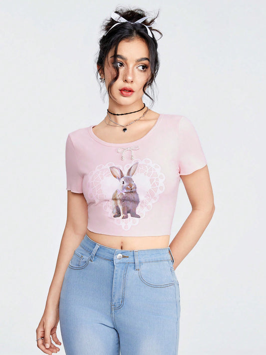 ROMWE Kawaii Playera corta ceñida de mujer con estampado de conejo y decoración de lazo de perlas falsas
