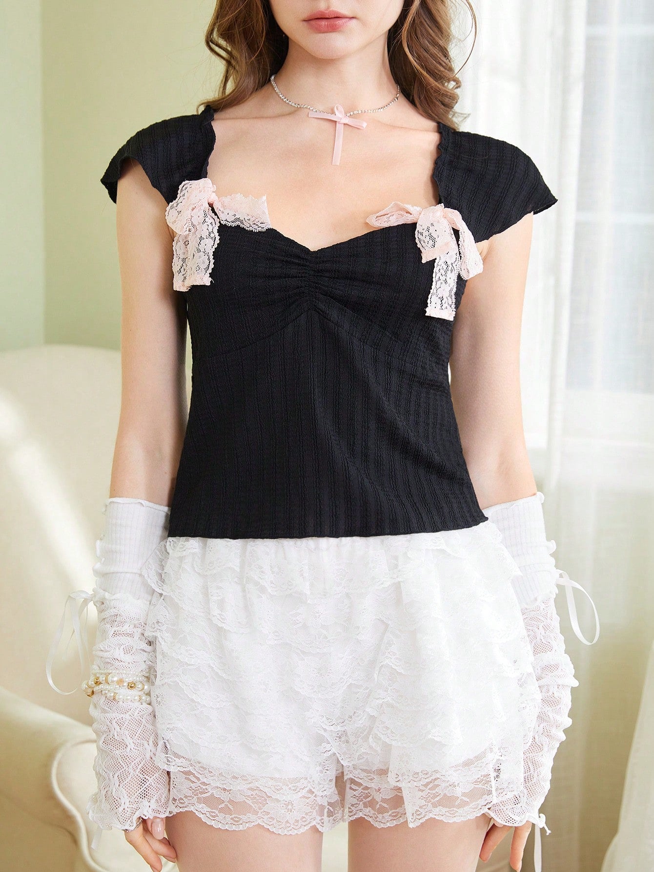ROMWE Kawaii Playera elegante de mujer KawaiiSweetness con ajuste delgado, inspirada en el ballet, con textura de encaje de princesa sexy y chic