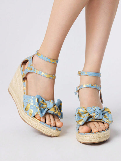 ROMWE Kawaii Sandalias de cuña con punta abierta y adorno de lazo con flores para mujer