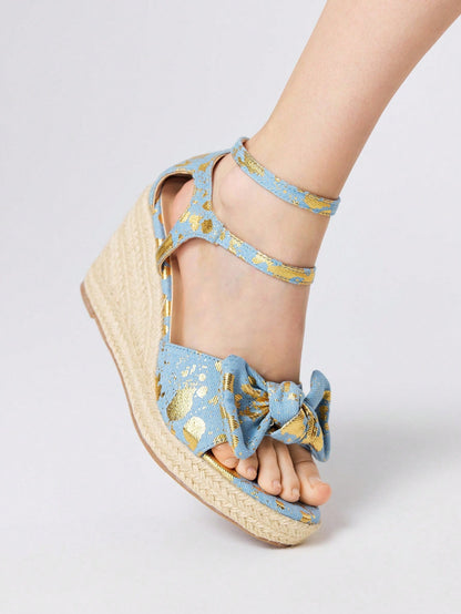 ROMWE Kawaii Sandalias de cuña con punta abierta y adorno de lazo con flores para mujer