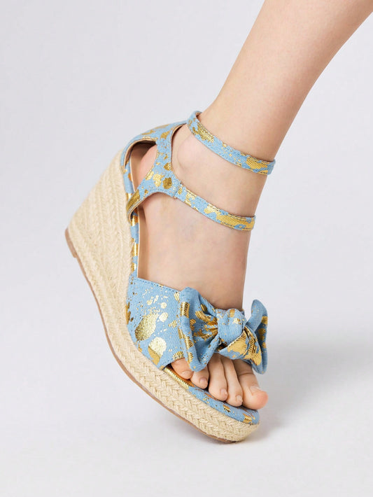 ROMWE Kawaii Sandalias de cuña con punta abierta y adorno de lazo con flores para mujer