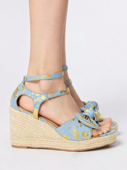 ROMWE Kawaii Sandalias de cuña con punta abierta y adorno de lazo con flores para mujer