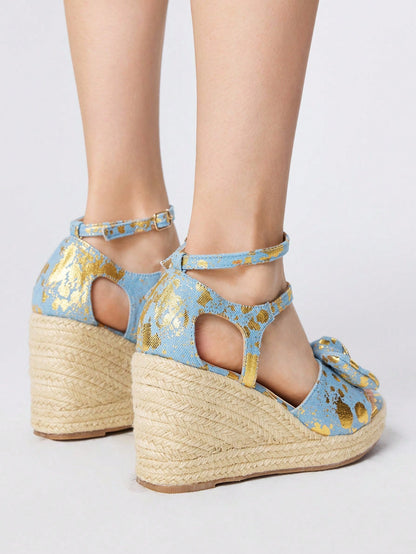 ROMWE Kawaii Sandalias de cuña con punta abierta y adorno de lazo con flores para mujer