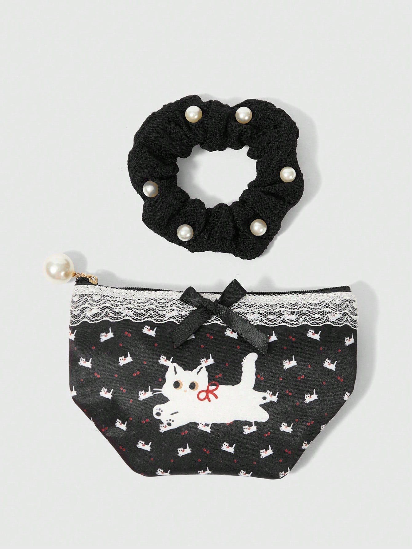 ROMWE Kawaii Set de 2 monederos compactos con diseño de gato y lazo con encaje, bolsa de maquillaje con coletero de perlas