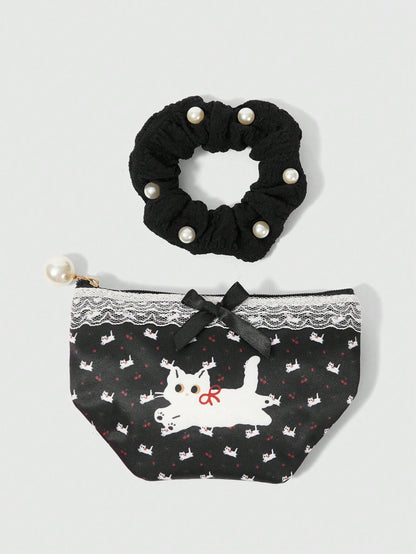 ROMWE Kawaii Set de 2 monederos compactos con diseño de gato y lazo con encaje, bolsa de maquillaje con coletero de perlas