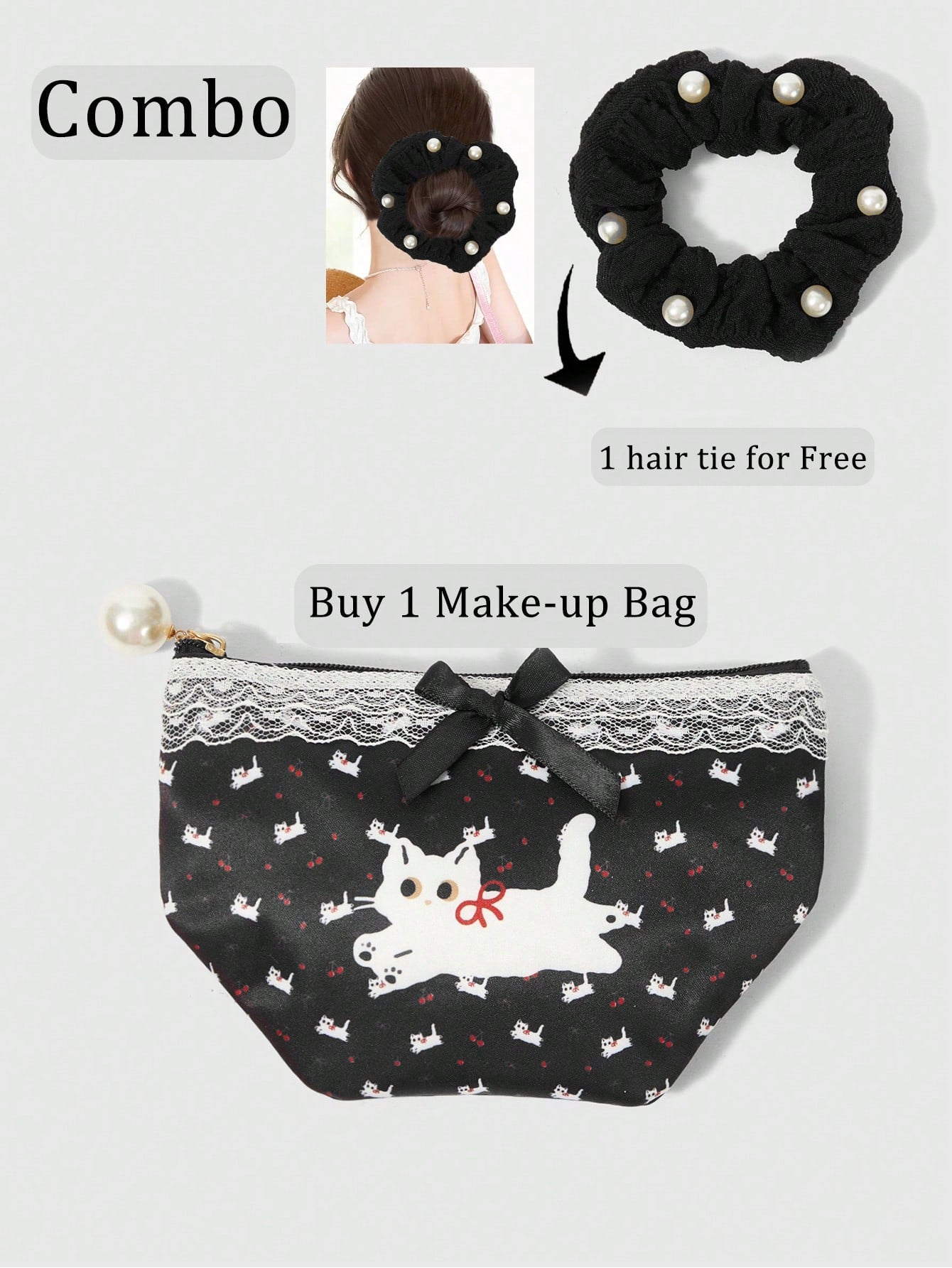 ROMWE Kawaii Set de 2 monederos compactos con diseño de gato y lazo con encaje, bolsa de maquillaje con coletero de perlas