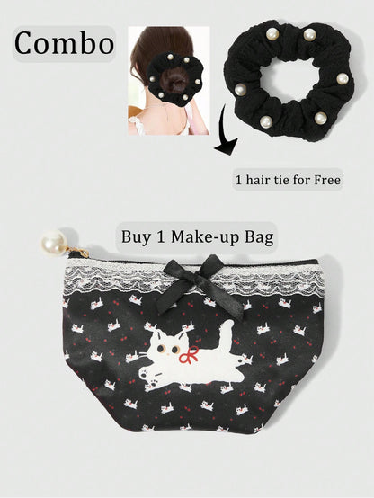 ROMWE Kawaii Set de 2 monederos compactos con diseño de gato y lazo con encaje, bolsa de maquillaje con coletero de perlas