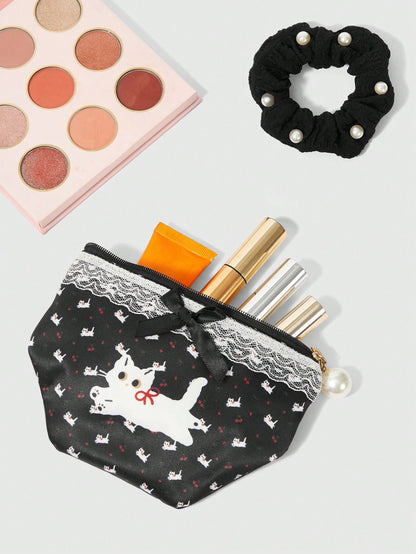 ROMWE Kawaii Set de 2 monederos compactos con diseño de gato y lazo con encaje, bolsa de maquillaje con coletero de perlas